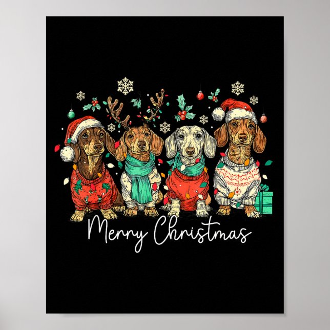 Póster Merry Christmas Dachshund Santa Dog Xmas Lights Ho (Frente)
