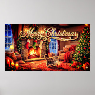 Póster Merry Christmas Decorative Artwork with Kitten