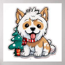 Póster Merry Christmas Dog With Coffee Cup | Cute Holiday