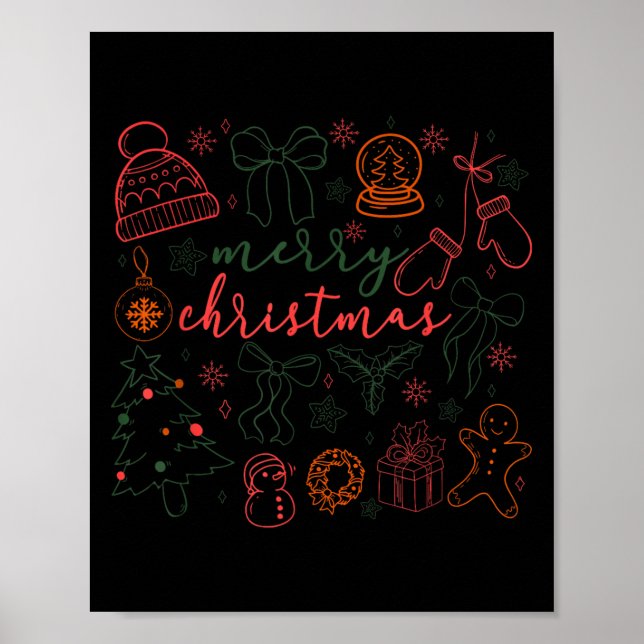 Póster Merry Christmas Doodle Xmas Tree Gingerbread Men W (Frente)