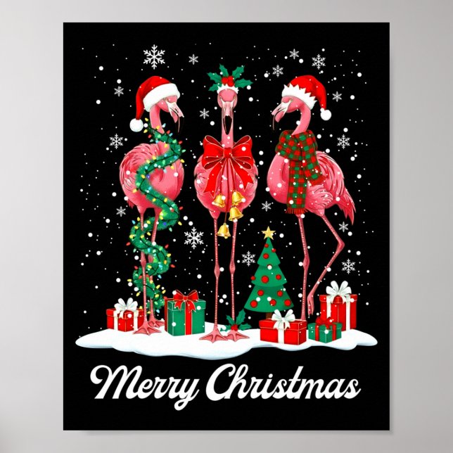 Póster Merry Christmas Flamingo Santa Hat Christmas Light (Frente)