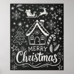 Póster Merry Christmas Gingerbread House Chalkboard<br><div class="desc">Trae alegría festiva a su decoración de vacaciones con este encantador poster de estilo "Feliz Navidad". Con una casa de jengibre dibujada a mano, copos de nieve y un trineo caprichoso que vuela por el cielo nocturno, este poster capta el acogedor espíritu de los Navidades. El diseño de tiza blanca...</div>