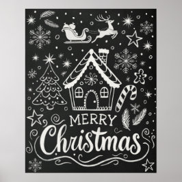Póster Merry Christmas Gingerbread House Chalkboard
