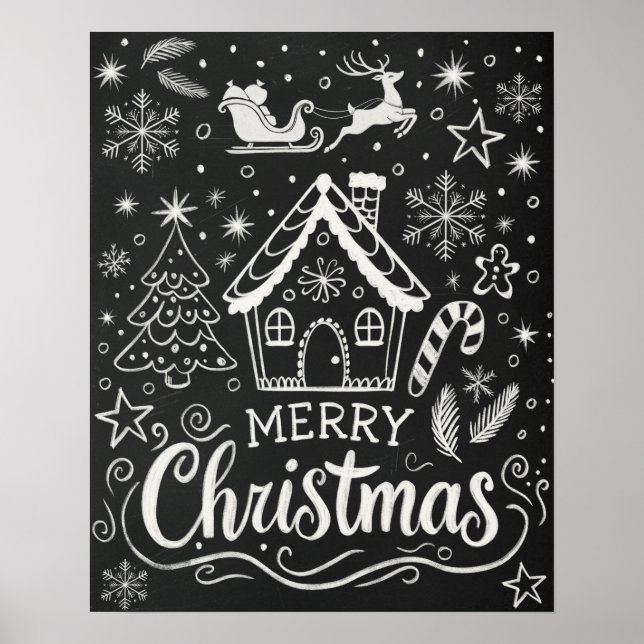 Póster Merry Christmas Gingerbread House Chalkboard (Frente)