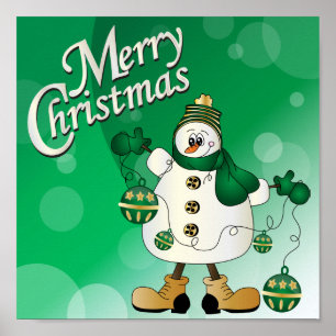 Póster Merry Christmas Green Snowman