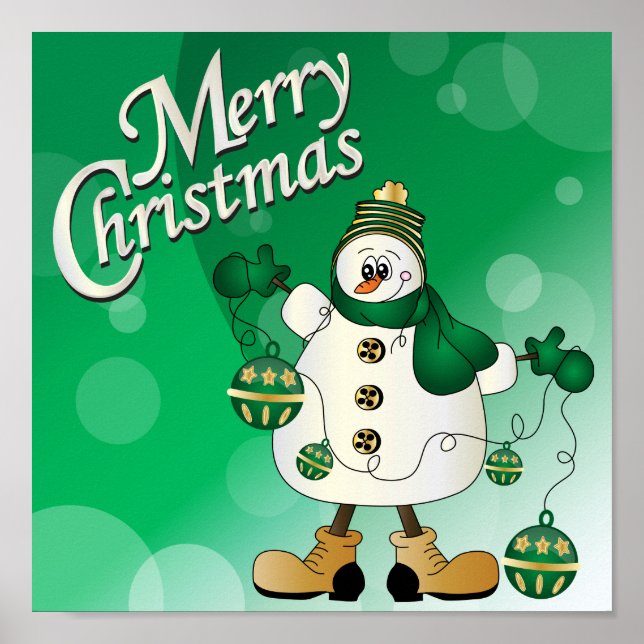 Póster Merry Christmas Green Snowman (Frente)