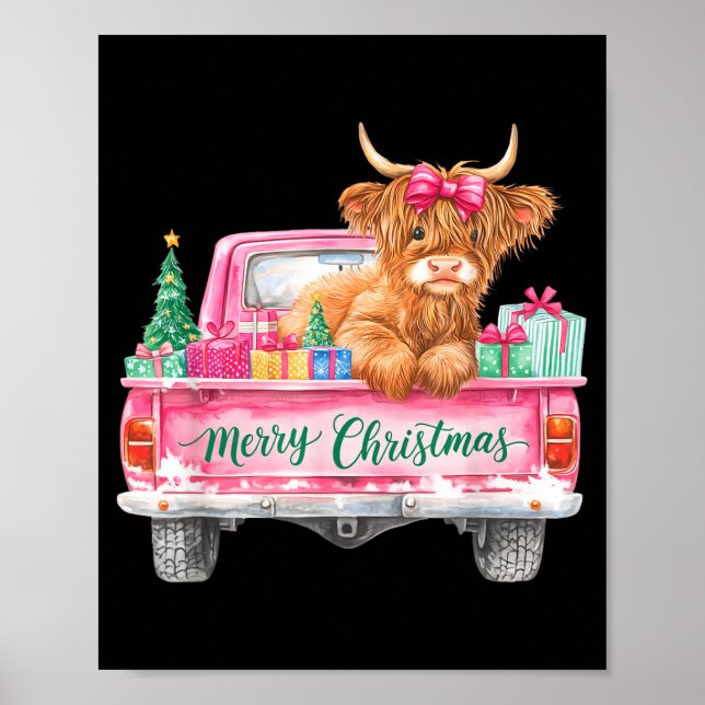 Póster Merry Christmas Highland Cow Nk Truck Xmas Tree Wo (Frente)