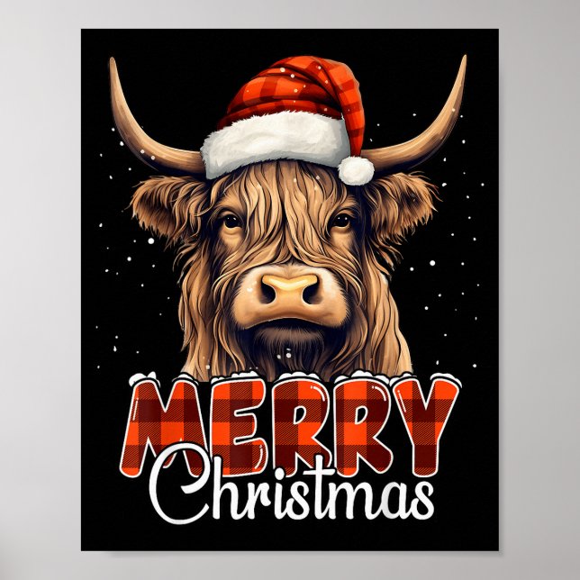 Póster Merry Christmas Highland Cow Western Santa Hat Xma (Frente)
