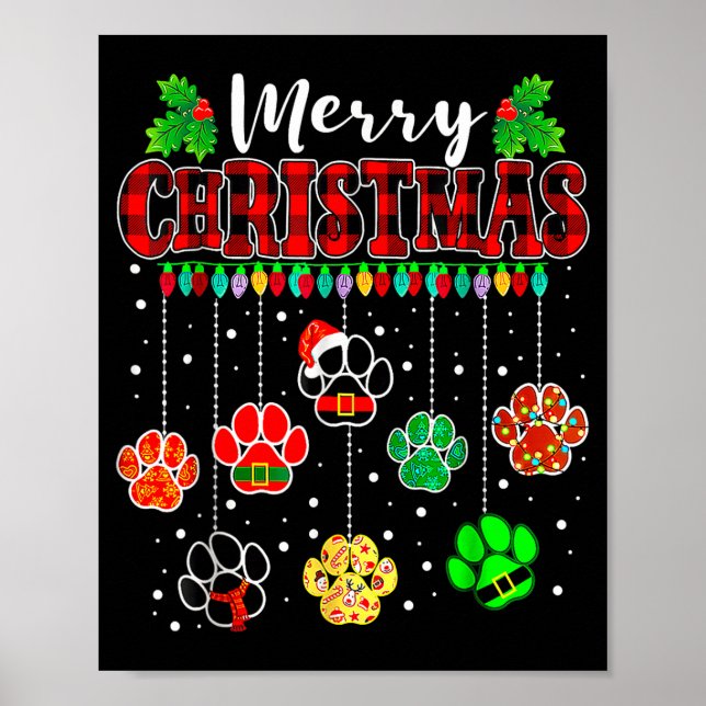 Póster Merry Christmas Lights Dog Paw Xmas  (Frente)