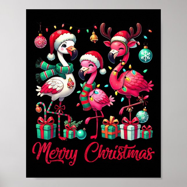 Póster Merry Christmas Lights Flamingo Santa Hat Snow Xma (Frente)
