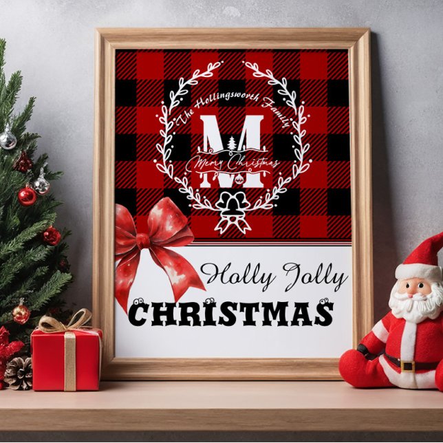 Póster Merry Christmas Monogram Wreath Buffalo Plaid (Subido por el creador)