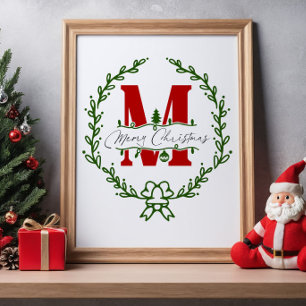 Póster Merry Christmas Monograma Wreath Wall Art