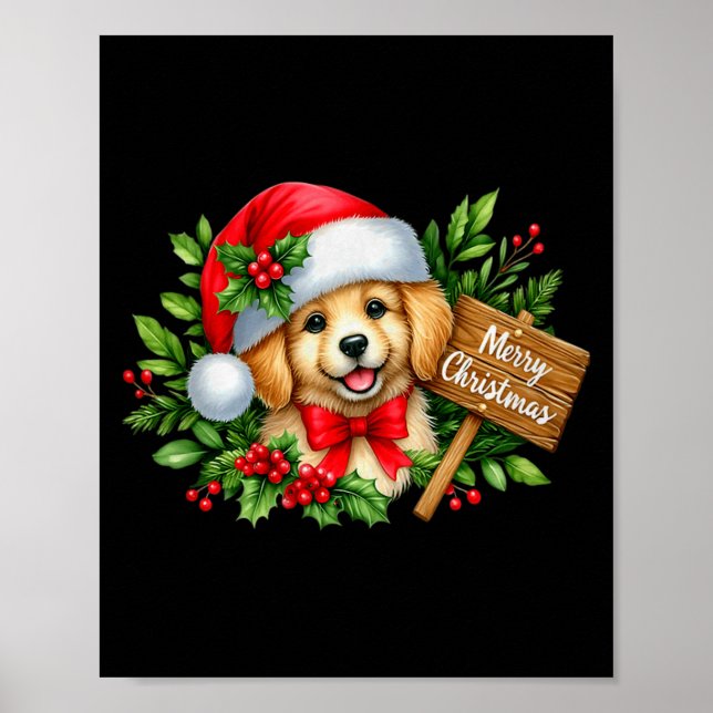 Póster Merry Christmas Puppy Santa Hat Holly Sign Premium (Frente)