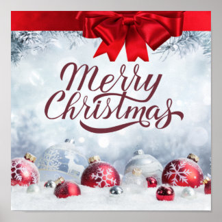 Póster Merry Christmas Red and White Snowflake Ornaments