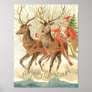 Póster Merry Christmas (Santa and his Reindeer)