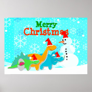 Póster Merry Christmas Snowman & Dinosaurs Poster