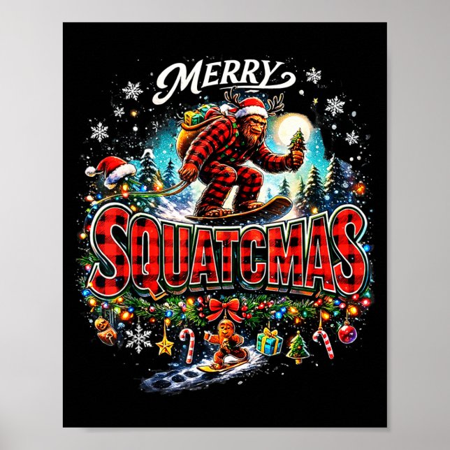 Póster Merry Christmas Squatchmas Funny Bigfoot Snowboard (Frente)