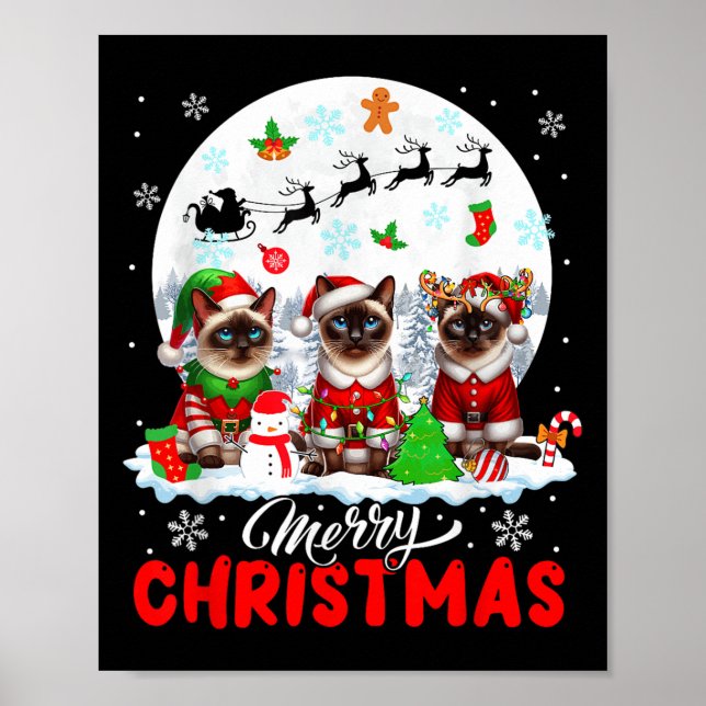 Póster Merry Christmas Three Santa Elf Reindeer Siamese C (Frente)