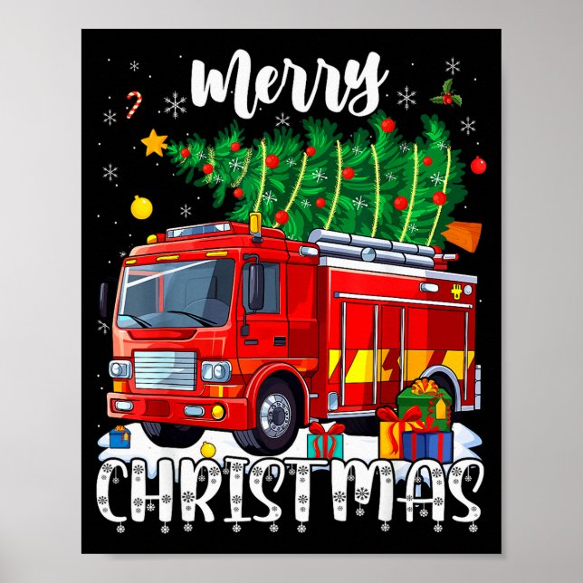 Póster Merry Christmas Tree Firetruck Pajama Firefighter  (Frente)