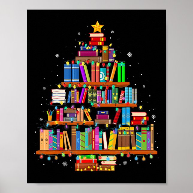 Póster Merry Christmas Tree Reading Books Lover Librarian (Frente)