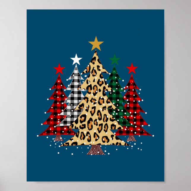 Póster Merry Christmas Trees with Buffalo Plaid & Leopard (Frente)