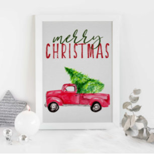 Póster Merry Christmas Typography Red Truck Tree Festious