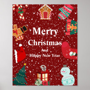 Póster Merry christmas with snow- red holiday 