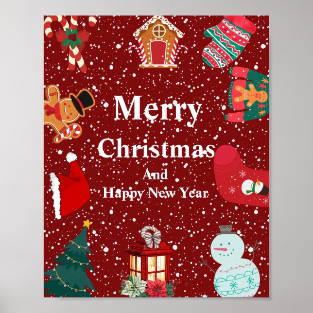 Póster Merry christmas with snow- red holiday  (Frente)