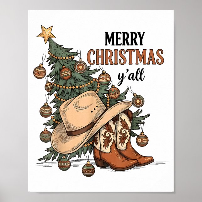 Póster Merry Christmas Y'all Western Cowboy Boots Hat Xma (Frente)