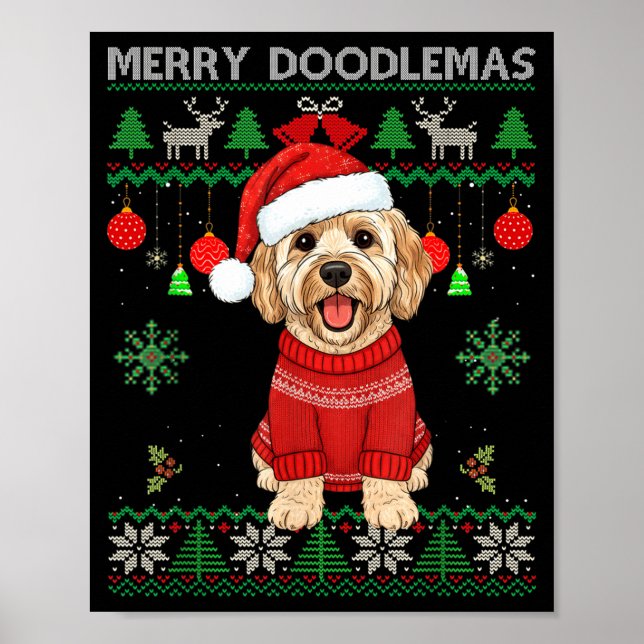 Póster Merry Doodlemas Goldendoodle Wearing Ugly Christma (Frente)
