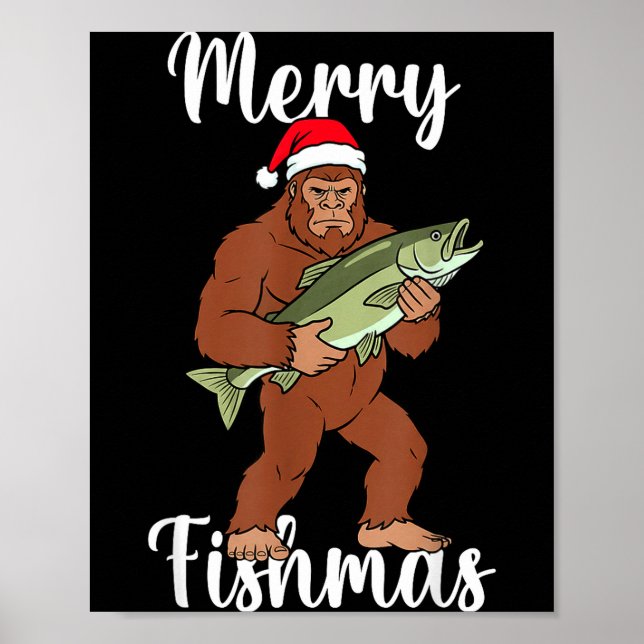 Póster Merry Fishmas Bigfoot Fishing Funny Sasquatch Sant (Frente)