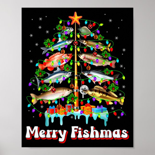 Póster Merry Fishmas Christmas Tree Funny Fish Fishing Fi (Frente)
