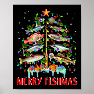 Póster Merry Fishmas Divertido Árbol de Navidad Ilumina F