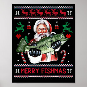 Póster Merry Fishmas Santa Fishing Navidades feos suéter