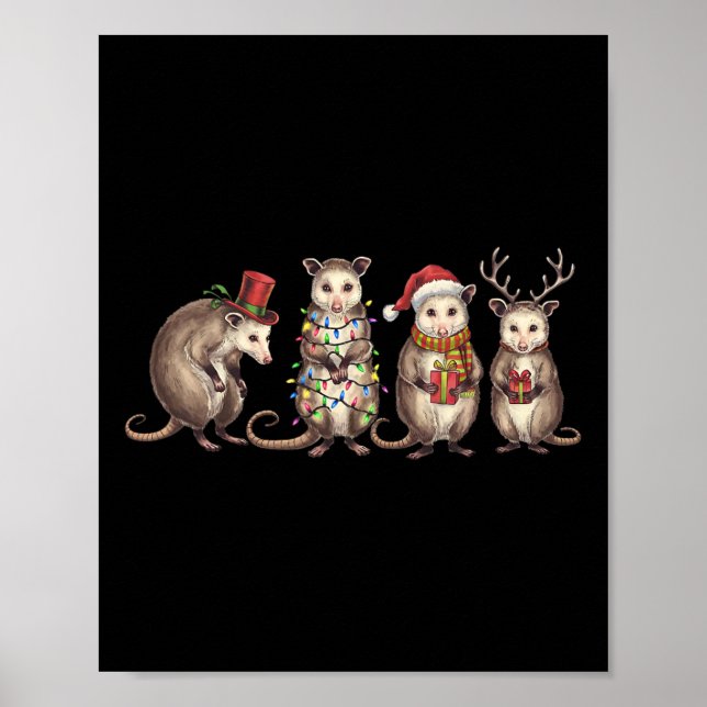Póster Merry Hissmas Opossum Navidades Santa Hat Xmas Lig (Frente)