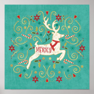Póster Merry Holiday Teal Reindeer