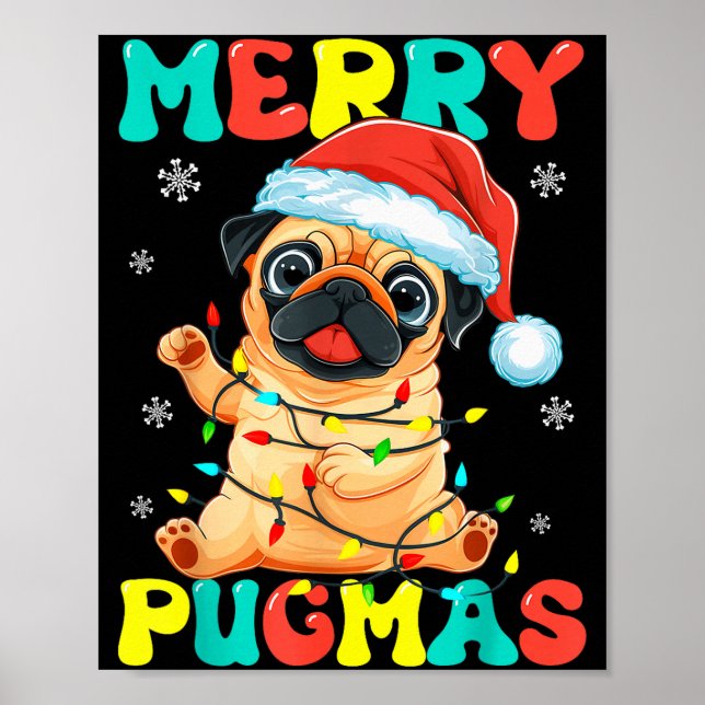 Póster Merry Pugmas Pug Christmas Santa Pug Xmas Lights D (Frente)