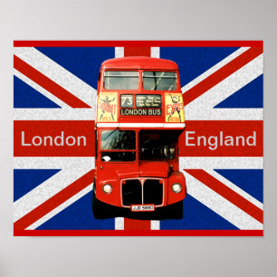 Póster Merry Red Bus y la bandera británica