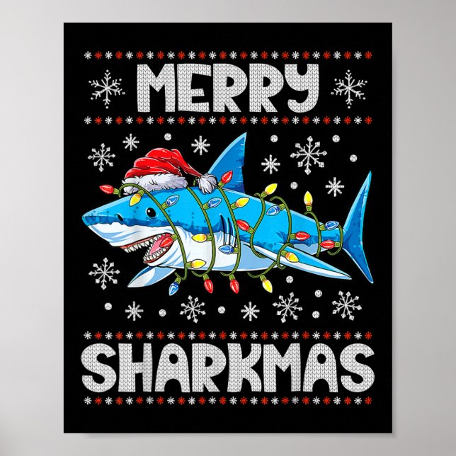 Póster Merry Sharkmas Tiburón Navidades Santa Ugly Luces  (Frente)
