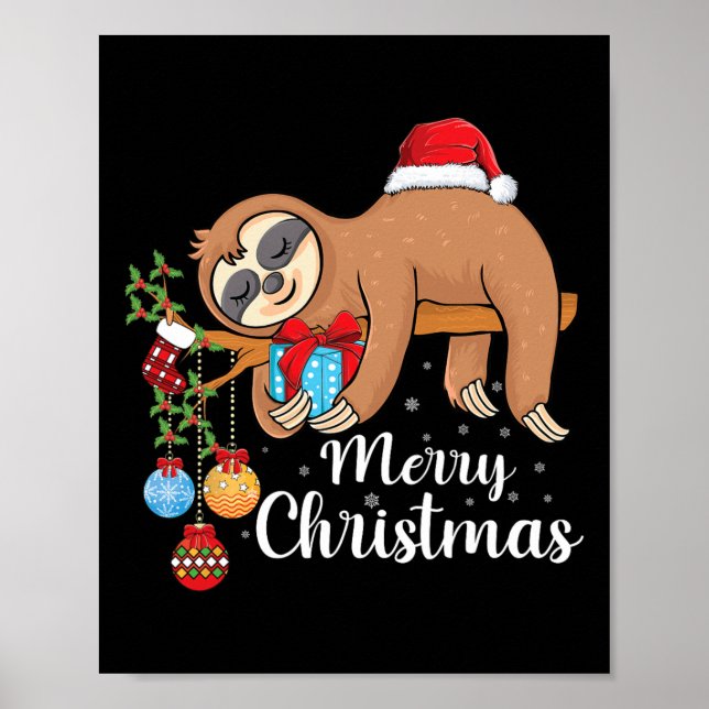 Póster Merry Slothmas Cute Xmas Sloth Santa Hat Navidades (Frente)