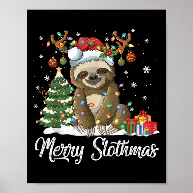 Póster Merry Slothmas Funny Sloth Christmas Tree Lights X (Frente)