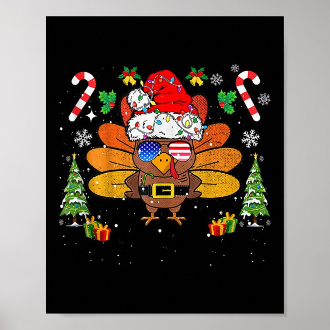 Póster Merry Thanksmas Happy Thanksgiving Santa Turkey Xm (Frente)