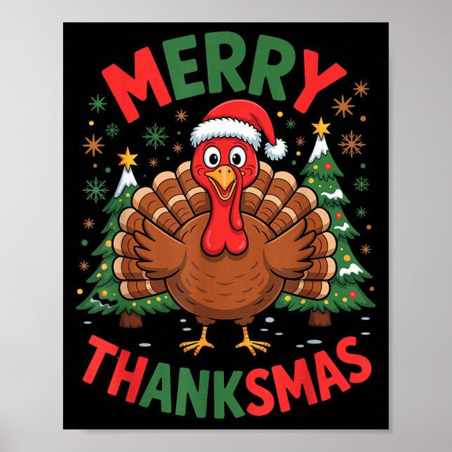 Póster Merry Thanksmas Turkey Santa Hat Christmas Tree Fa (Frente)