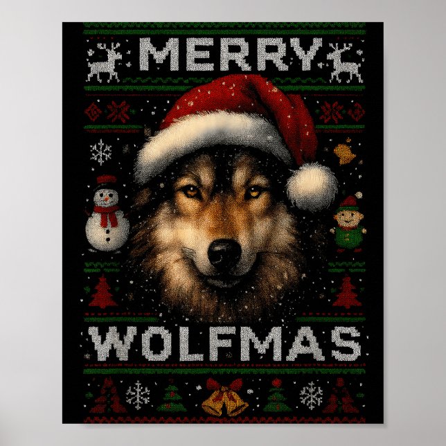 Póster Merry Wolfmas Merry Christmas Wolf Ugly Sweater Fu (Frente)