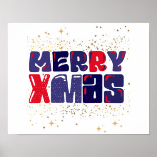 Póster Merry Xmas Cute Oro Azul Rojo