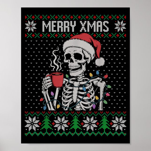 Póster Merry Xmas Skeleton Ugly Sweater, Skull Wearing Sa (Frente)