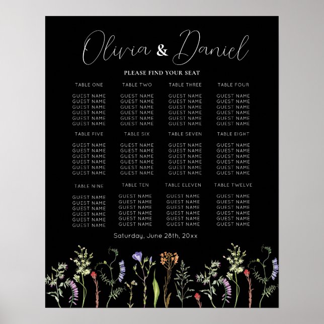 Póster Mesa Boda Asiento 12 Flores silvestres Floral Oscu (Frente)