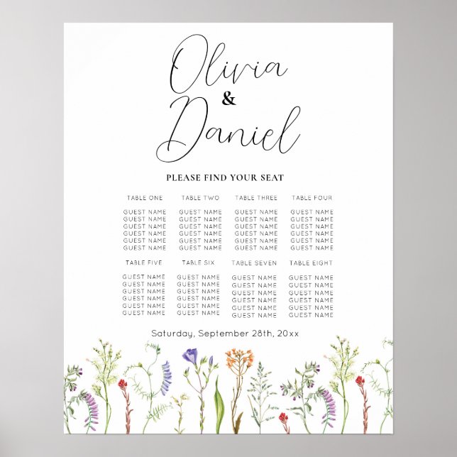 Póster Mesa Boda Asiento 8 Flores silvestres Floral (Frente)