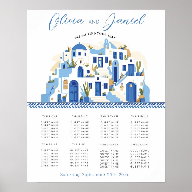 Póster Mesa Boda Asiento 8 Santorini Grecia Azul (Frente)