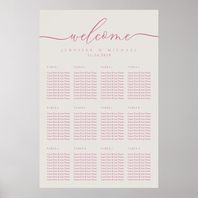 Póster Mesa de asientos de boda simple crema rosa doce (Frente)